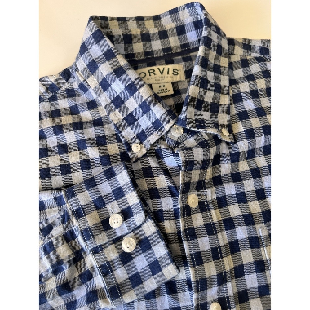 Orvis Shirt Mens Medium Button Down Skyline Check Plaid Blue White Gray
